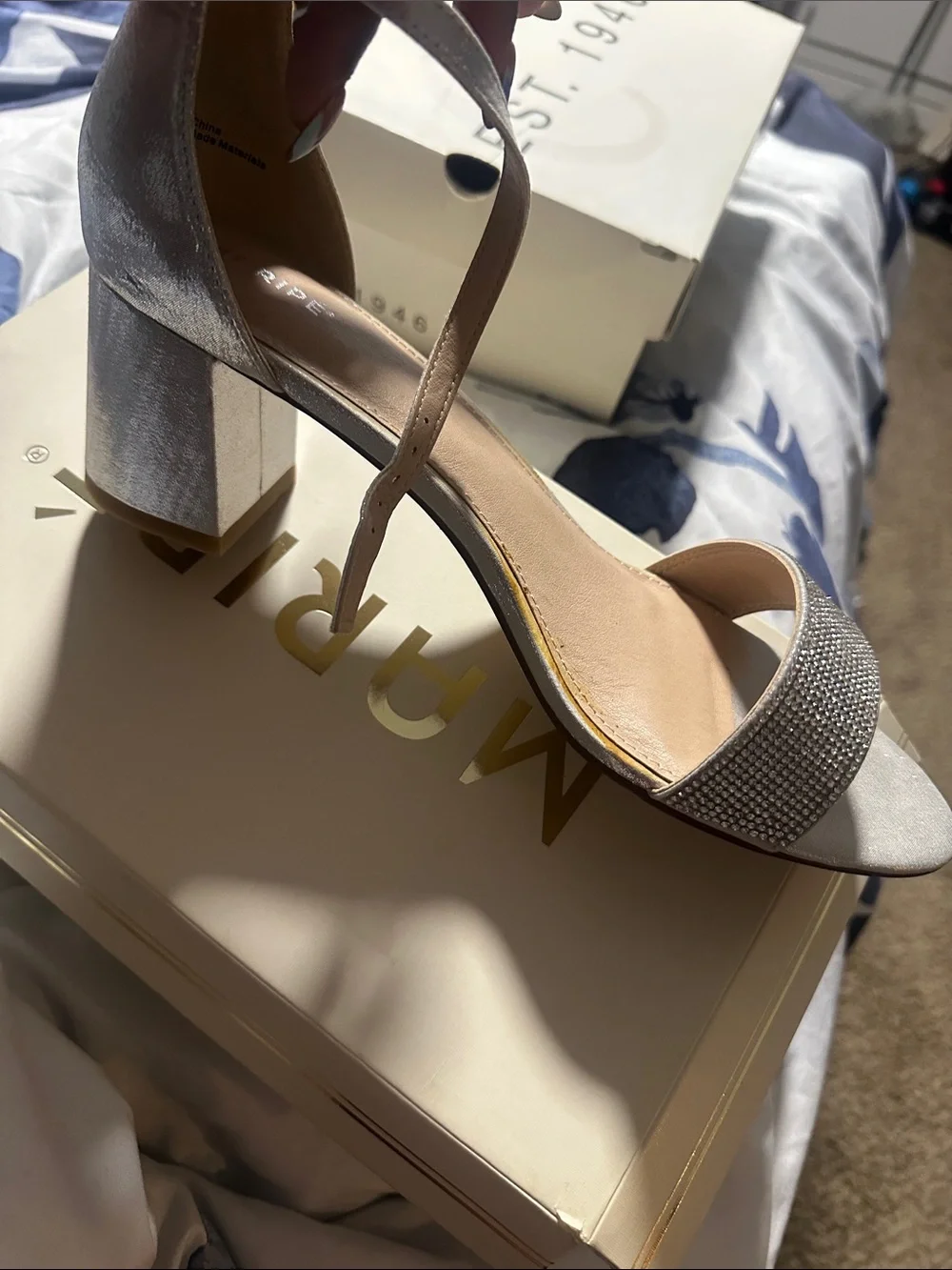 Women's Silver Ankle-Strap Block Heel Sandals